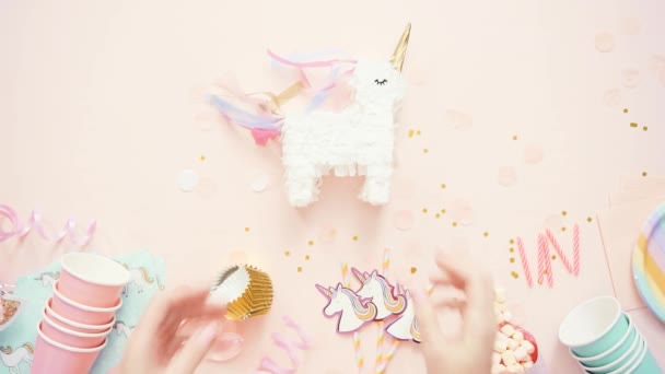 Födelsedagsfest Unicorn Tema Rosa Platt Låg — Stockvideo