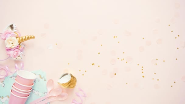 Birthday Party Unicorn Theme Pink Flat Lay — Stock Video