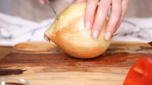 Schritt Für Schritt Gemüse Schneiden Füllung Für Empanadas Herzustellen — Stockvideo