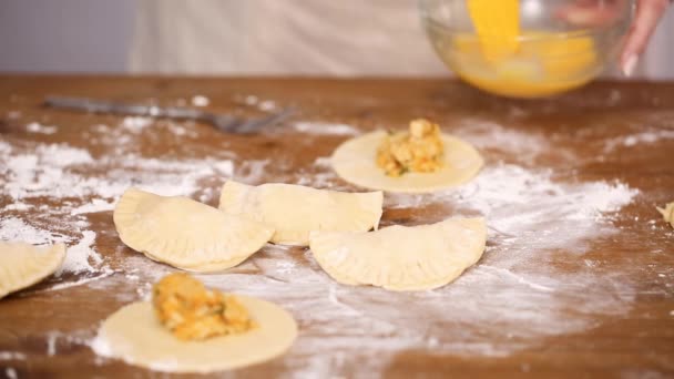 Stap Voor Stap Making Huisgemaakt Empanadas Met Kip Maïs — Stockvideo