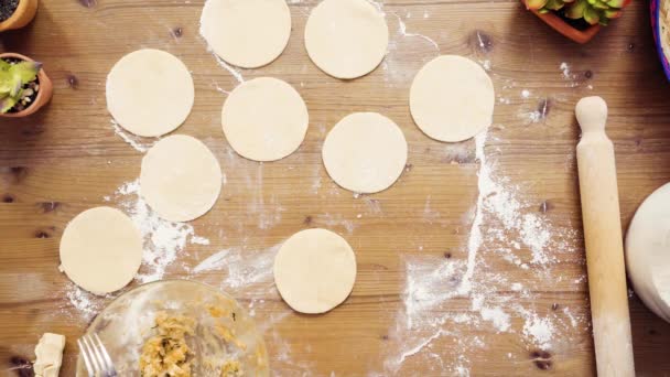 Byt Leží Krok Krokem Válcování Těsta Pro Domácí Vyrobené Empanadas — Stock video