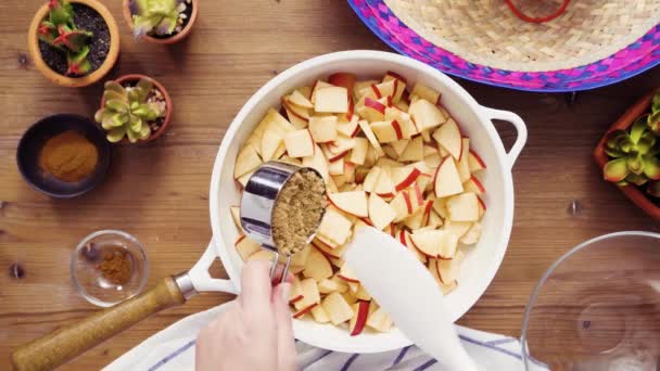Flat Lay Step Step Frying Red Apples Brown Sugar Filling — Stock Video