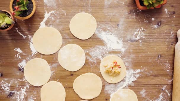 Flach Lag Schritt Für Schritt Herstellung Hausgemachter Vegetarischer Empanadas Mit — Stockvideo