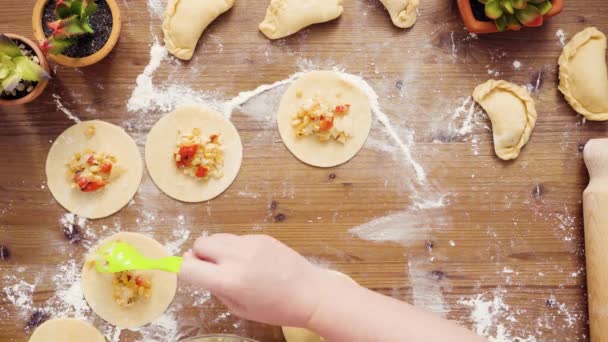 Leżał Płaskim Krok Kroku Domu Wykonane Wegetariańskie Empanadas Kukurydzą — Wideo stockowe