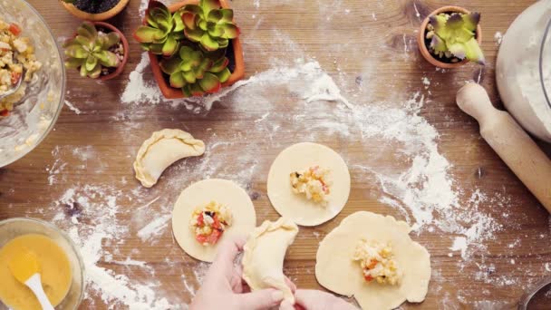Flach Lag Schritt Für Schritt Herstellung Hausgemachter Vegetarischer Empanadas Mit — Stockvideo