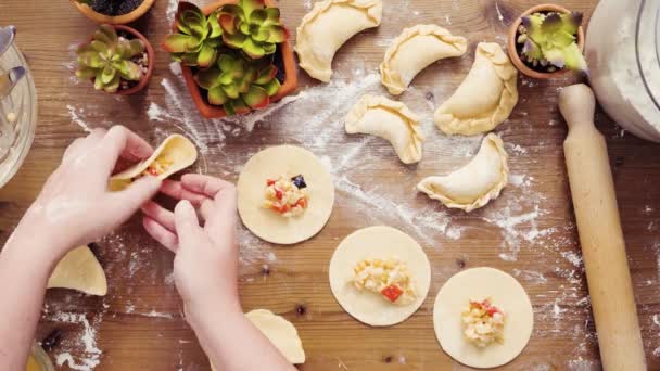 Leżał Płaskim Krok Kroku Domu Wykonane Wegetariańskie Empanadas Kukurydzą — Wideo stockowe