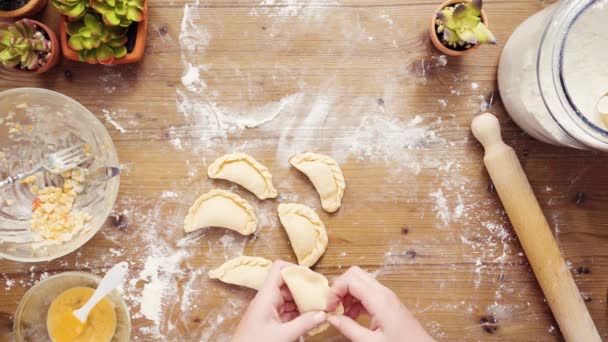 Flat Lay Step Step Making Home Made Vegetarian Empanadas Corn — Stock Video