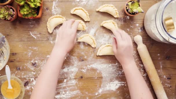Flach Lag Schritt Für Schritt Herstellung Hausgemachter Vegetarischer Empanadas Mit — Stockvideo