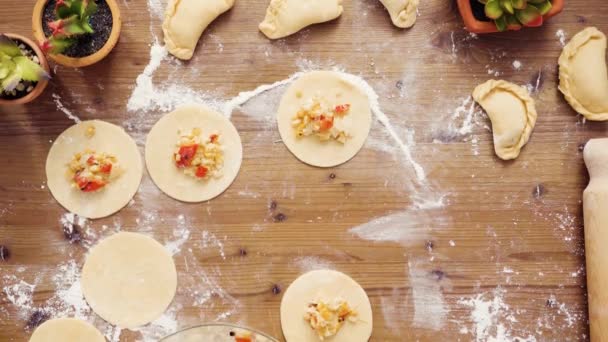 Lapso Tiempo Acostado Paso Paso Haciendo Empanadas Vegetarianas Caseras Con — Vídeos de Stock