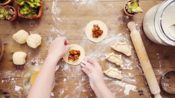 Deitado Passo Passo Fazendo Casa Feito Doce Empanadas Com Maçãs — Vídeo de Stock