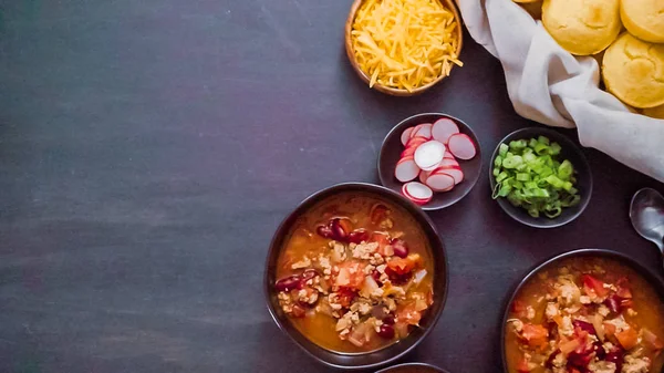 Step Step Home Made Turkey Chili Black Bowls — Stock Photo, Image