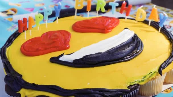 Slow Motion Emoji Birthday Cupcake Cake Little Boy Birthday Outdoor — Stock Video