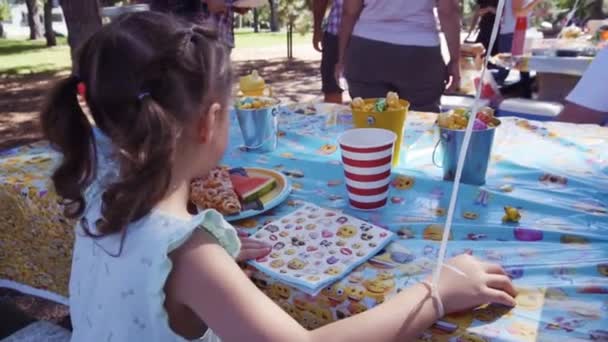 Slow Motion Little Girl Little Kids Birthday Party Urban Park — Stock Video