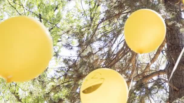 Slow Motion Yellow Emoji Balloons Little Boy Birthday Party Park — Stock Video