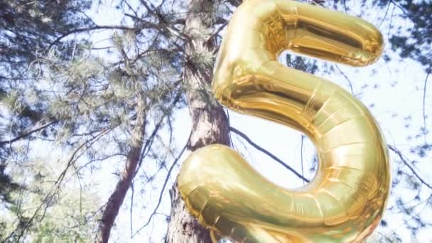 Slow Motion Nummer Vijf Gouden Ballon Weinig Verjaardagsfeestje Stadspark — Stockvideo