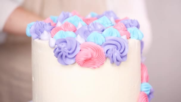 Step Step Pastry Chef Piping Butter Cream Frosting Unicorn Cake — Stock Video