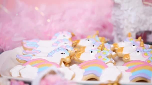 Biscoitos Açúcar Unicórnio Decorados Com Cereja Real Festa Aniversário Das — Vídeo de Stock