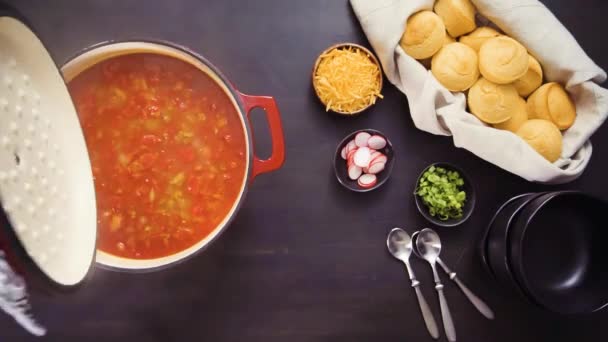 Step Step Top View Serving Turkey Chili Enameled Cast Iron — Stock Video
