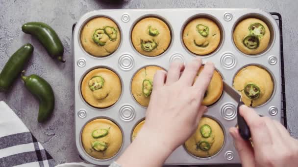 Close Female Chef Putting Baked Cornbread Jalapeno Muffins Pan — Stock Video