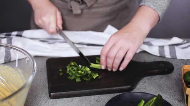 Cropped View Female Chef Chopping Jalapeno Pepper Cornbread — Stock Video