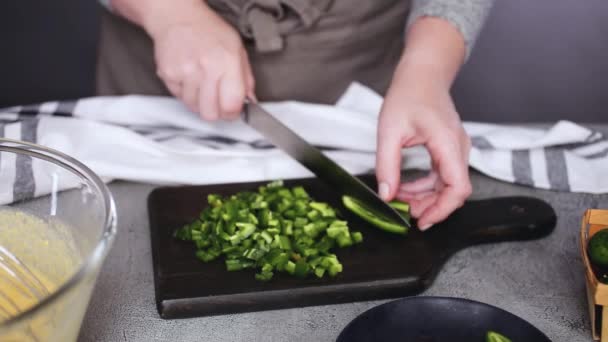 Cropped View Female Chef Chopping Jalapeno Pepper Cornbread — Stock Video