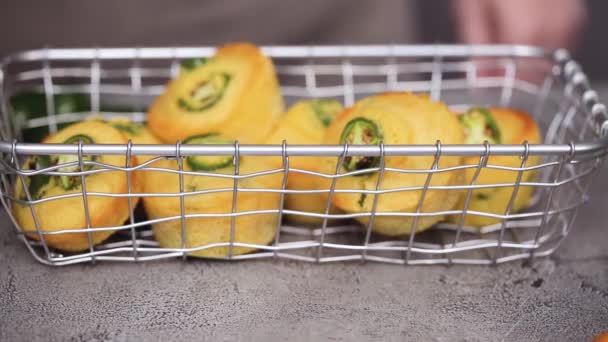 Close Female Chef Putting Grid Basket Cornbread Jalapeno Muffins Table — Stock Video