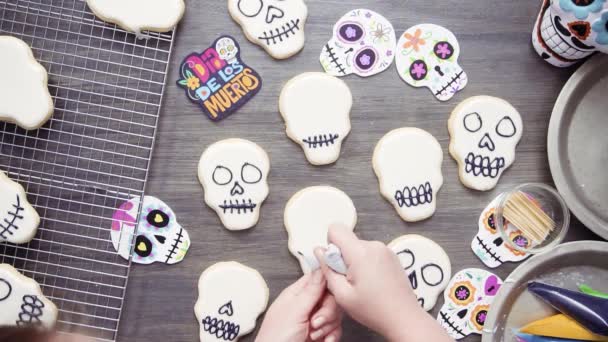 Step Step Flat Lay Decorating Sugar Skull Cookies Different Color — Stock Video