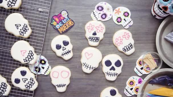 Step Step Flat Lay Decorating Sugar Skull Cookies Different Color — Stock Video