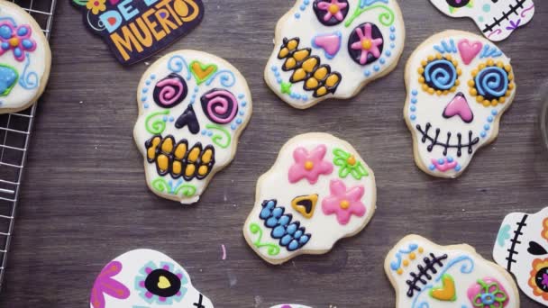 Steg För Steg Platt Låg Decorating Socker Skalle Cookies Med — Stockvideo