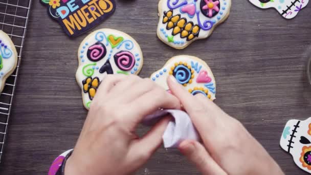 Step Step Flat Lay Decorating Sugar Skull Cookies Different Color — Stock Video