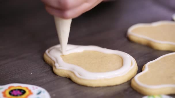 Paso Paso Inundando Una Galleta Cráneo Azúcar Con Glaseado Real — Vídeos de Stock