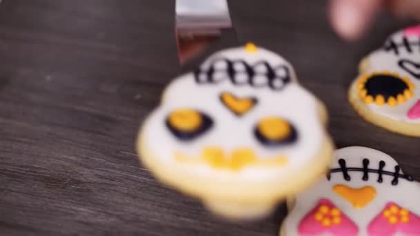 Lépésről Lépésre Díszítő Cukor Koponya Cookie Különböző Színű Királyi Jegesedés — Stock videók