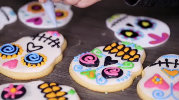 Passo Dopo Passo Decorazione Biscotti Teschio Zucchero Con Diversi Colori — Video Stock