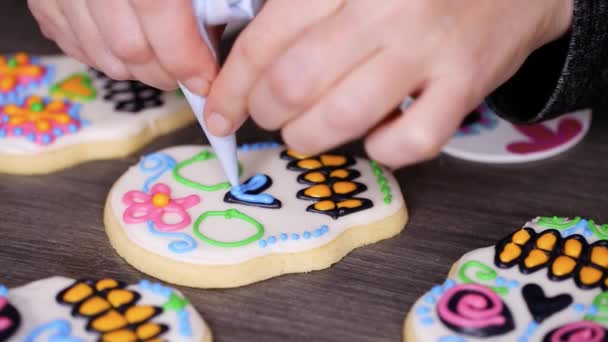 Step Step Decorating Sugar Skull Cookies Different Color Royal Icing — Stock Video