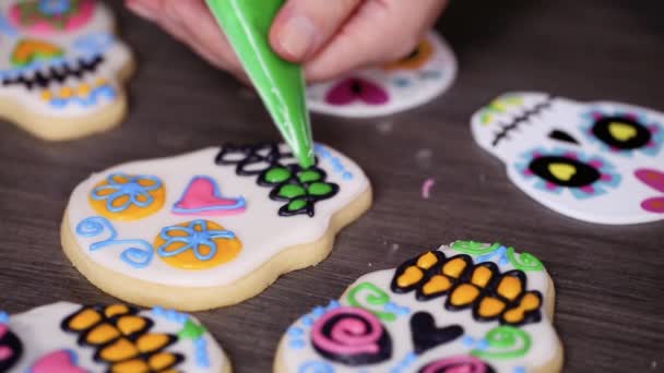 Passo Dopo Passo Decorazione Biscotti Teschio Zucchero Con Diversi Colori — Video Stock