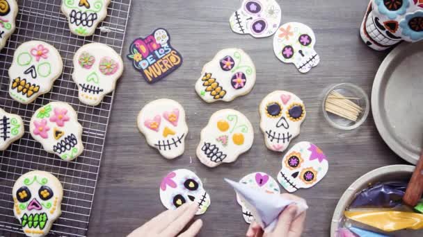 Step Step Flat Lay Decorating Sugar Skull Cookies Different Color — Stock Video