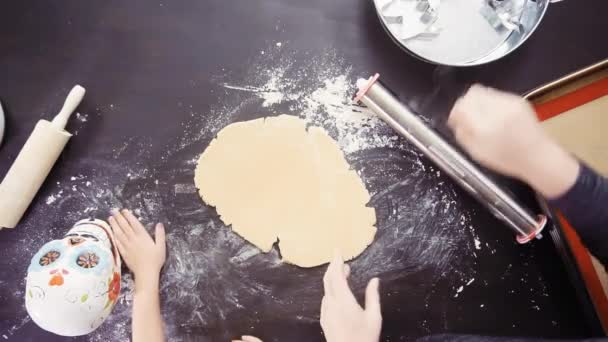 Vista Aérea Madre Hija Horneando Galletas Azúcar Para Las Vacaciones — Vídeos de Stock