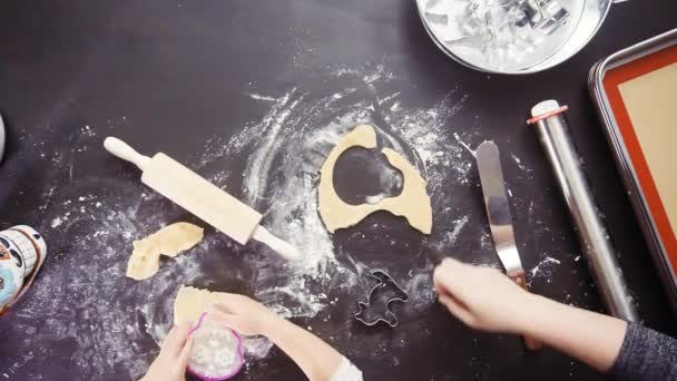 Visão Aérea Biscoitos Crânio Açúcar Cozedura Mãe Filha Para Feriado — Vídeo de Stock