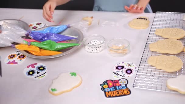 Primer Plano Madre Hija Decorando Galletas Cráneo Azúcar Con Glaseado — Vídeo de stock