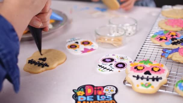 Close Mother Daughter Decorating Sugar Skull Cookies Royal Icing Dia — Stock Video