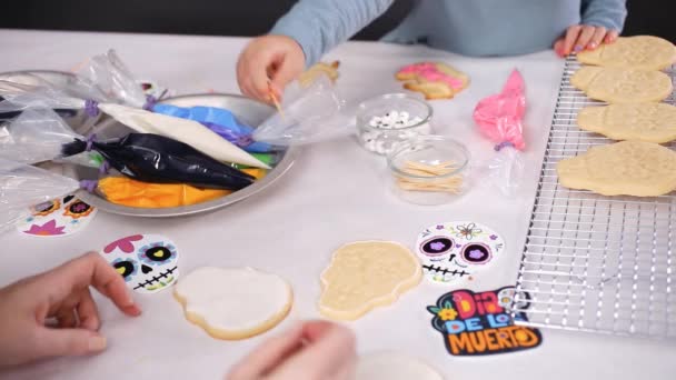 Close Mother Daughter Decorating Sugar Skull Cookies Royal Icing Dia — Stock Video