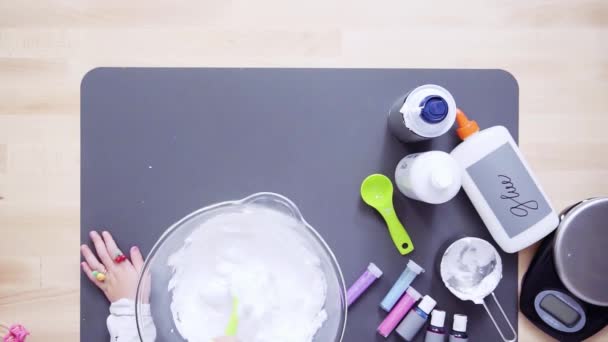 Step Step Flat Lay Mother Daughter Making Colorful Fluffy Slime — Stock Video