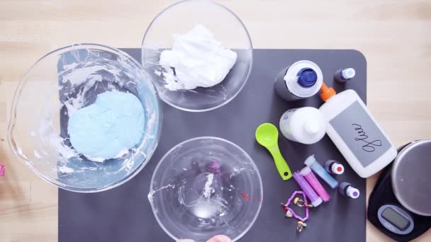 Step Step Flat Lay Mother Daughter Making Colorful Fluffy Slime — Stock Video