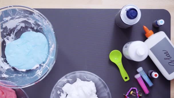Step Step Flat Lay Mother Daughter Making Colorful Fluffy Slime — Stock Video