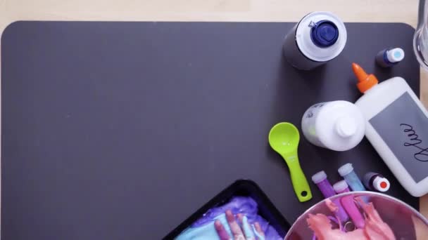 Step Step Flat Lay Putting Colorful Fluffy Slime Container Storage — Stock Video