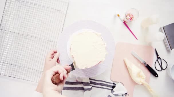 Step Step Flat Lay Icing Tall Birthday Cake White Buttercream — Stock Video