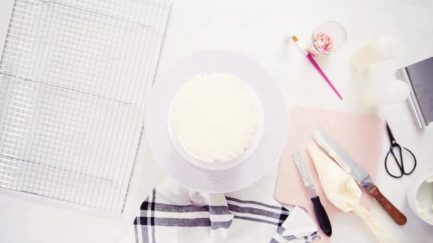 Step Step Flat Lay Icing Tall Birthday Cake White Buttercream — Stock Video