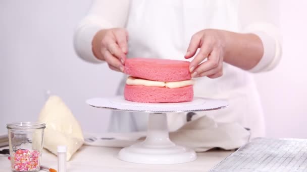 Step Step Stacking Layers Together Pink Birthday Cake — Stock Video