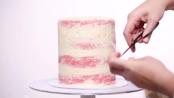 一歩一歩 白いバター クリームのアイシングを持つ背の高いケーキのアイシング — ストック動画