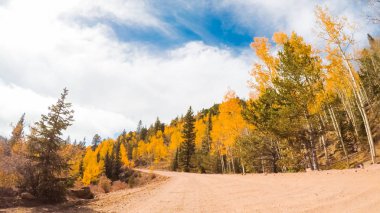 Driving on small mountain dirt roads from Colorado Springs to Cripple Creek in Autumn. clipart
